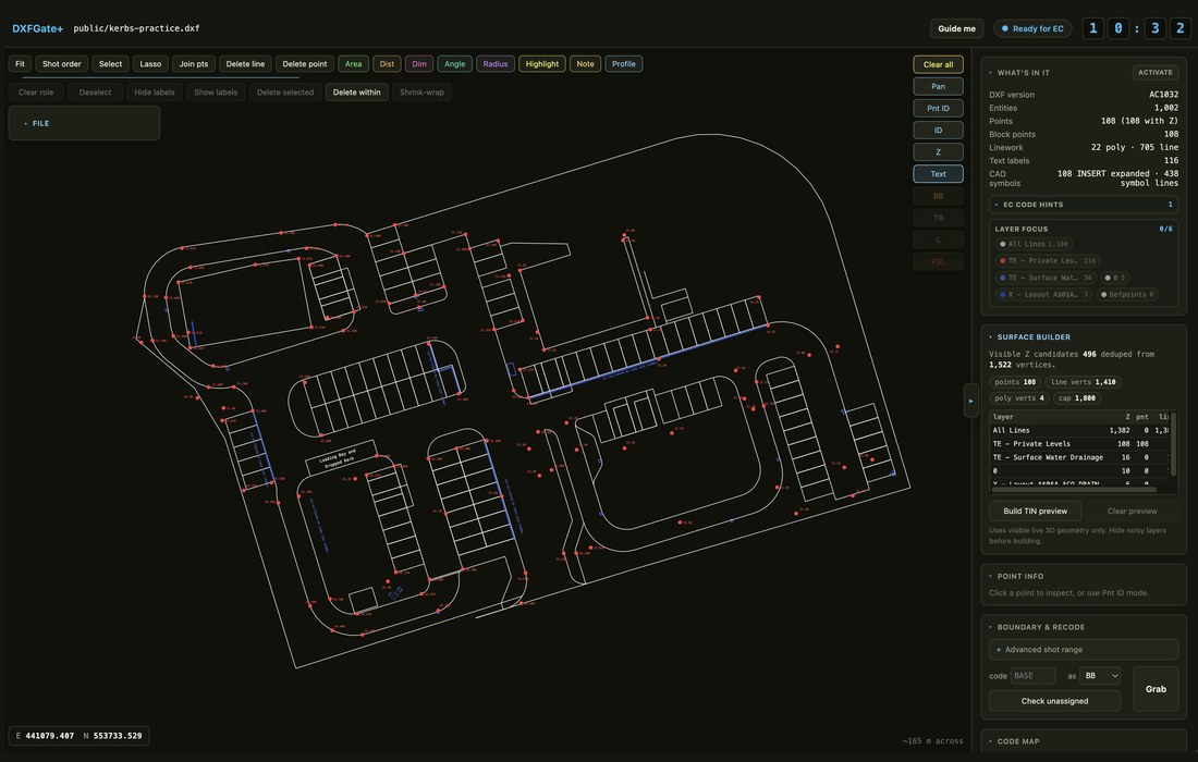 DXFGate+ — turns messy DXF survey data into clean Earth-Calc-ready CSV